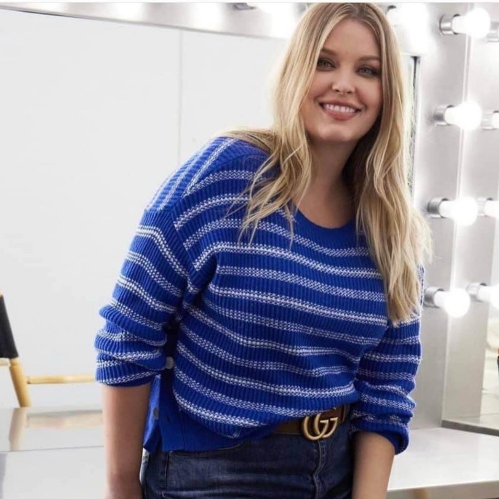 CAbi 6165 Popular Pullover Royal Blue and White Striped Sweater Medium